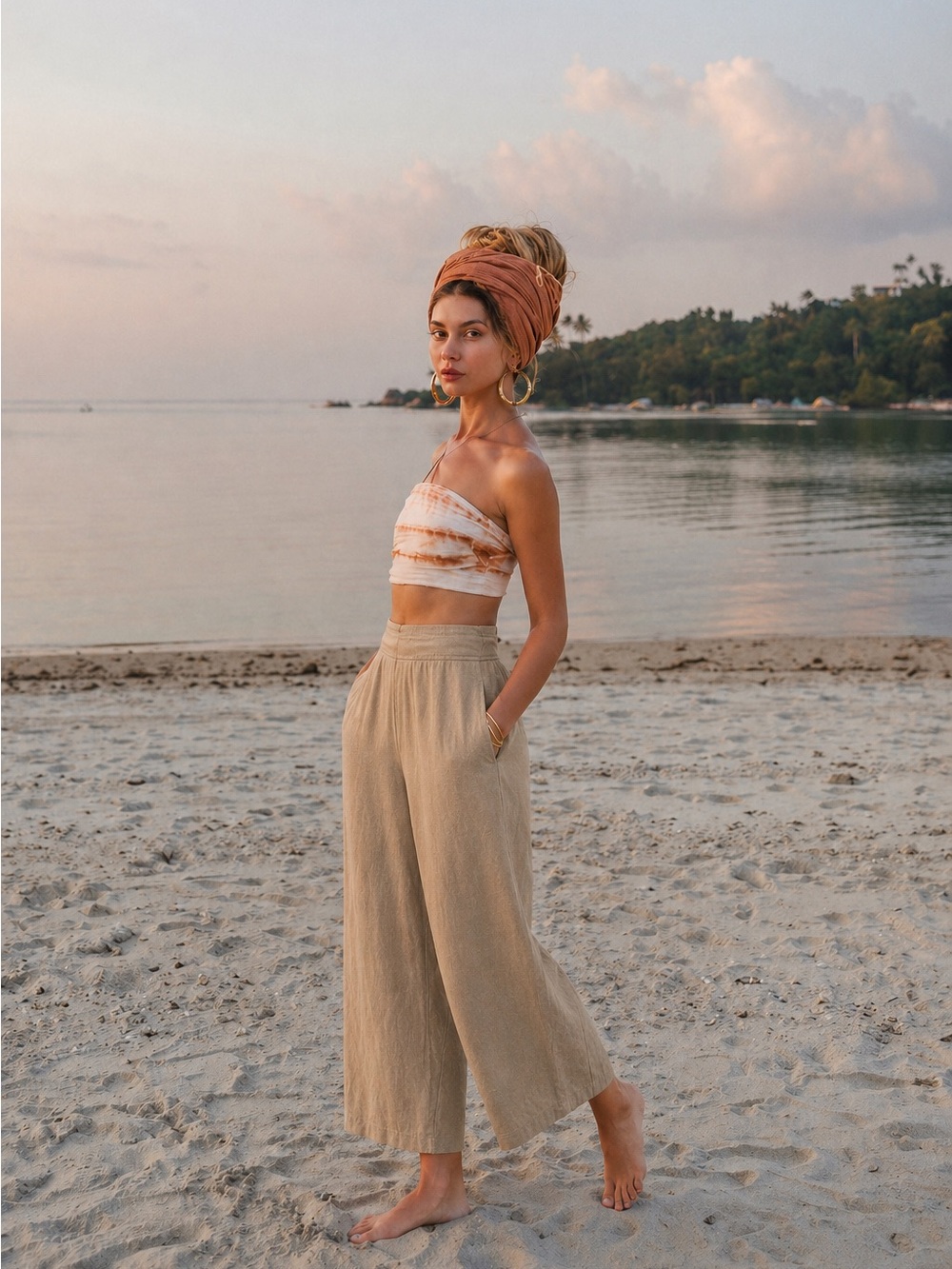 Beige Wide-Leg Linen Pants